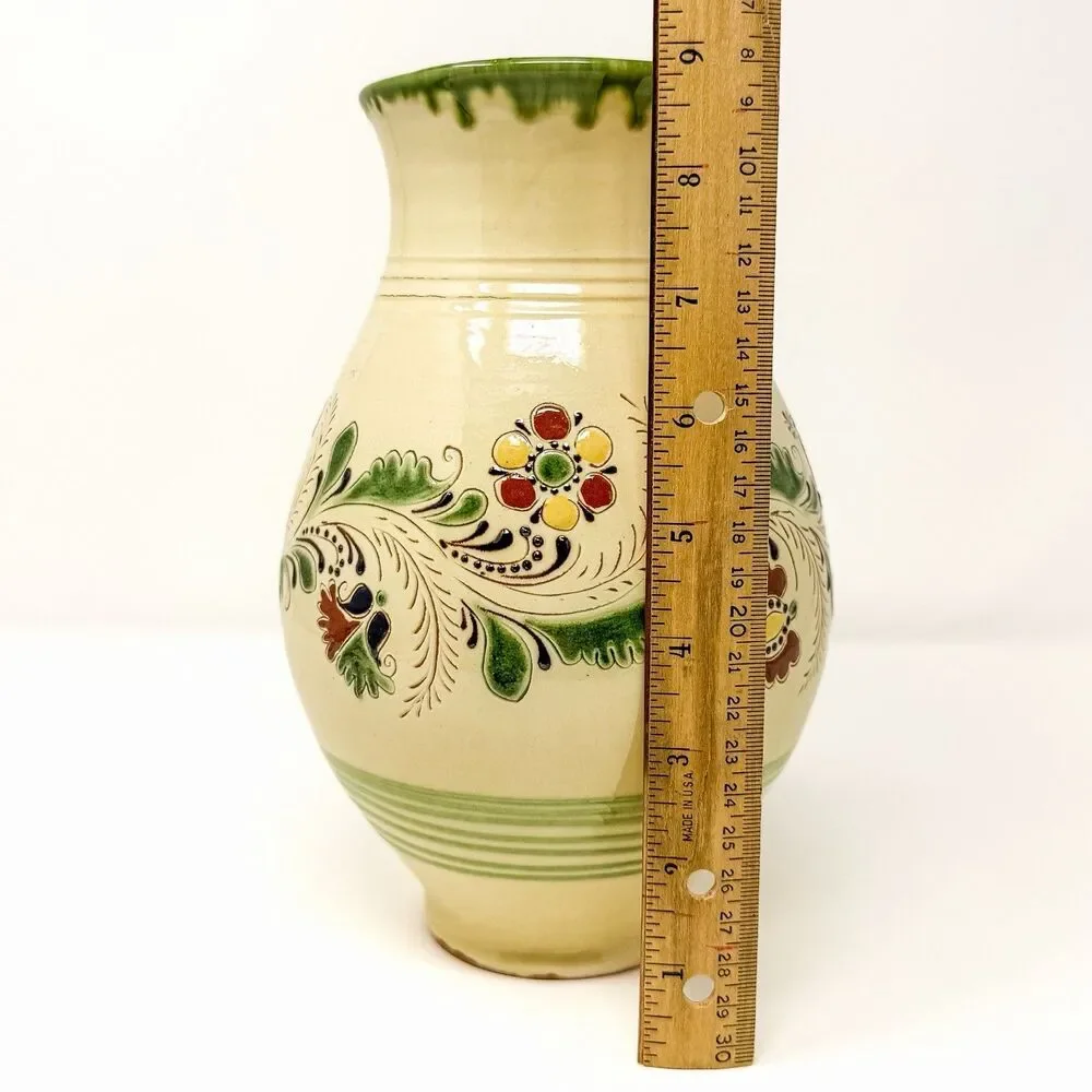 Vintage Hungarian Folk Art Studio Pottery Vase – Hand Painted – Signed 9”